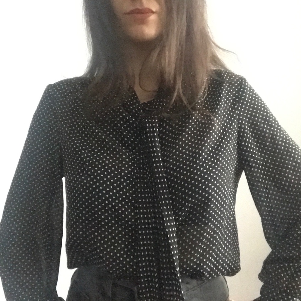 Polka Dot Secretary Blouse with Bow, Black & White